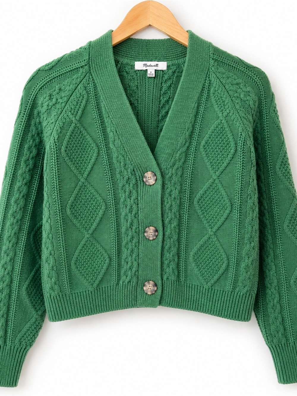 Madewell Green Cable Knit Cropped Wool Cardigan Sweater S